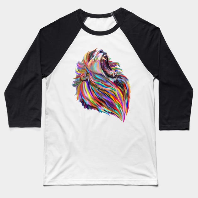 Roaring Regal Rainbow Lion Baseball T-Shirt by Art by Deborah Camp